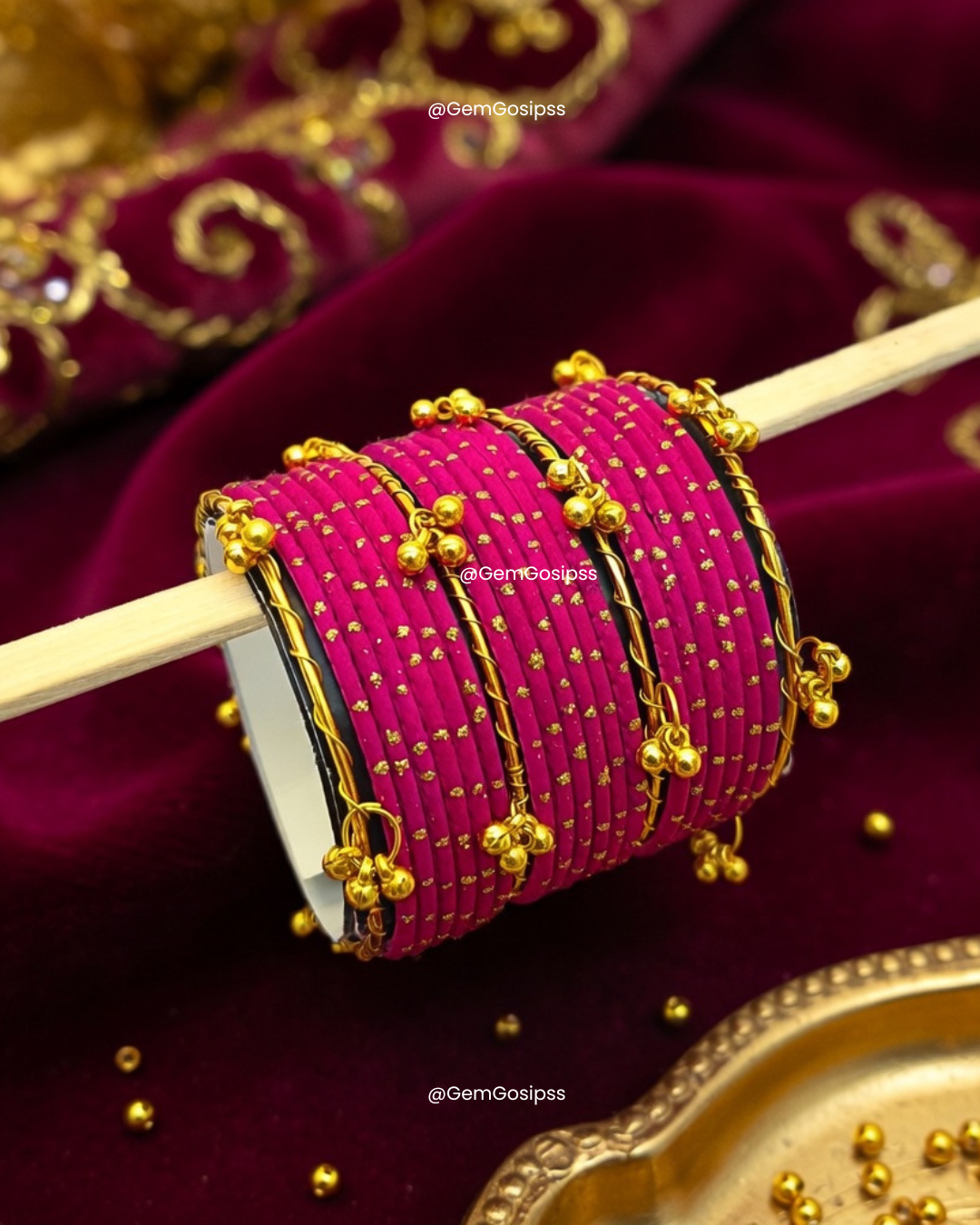 Traditional Kashmiri Silk Thread Bangles Set - Pink & Gold Beaded