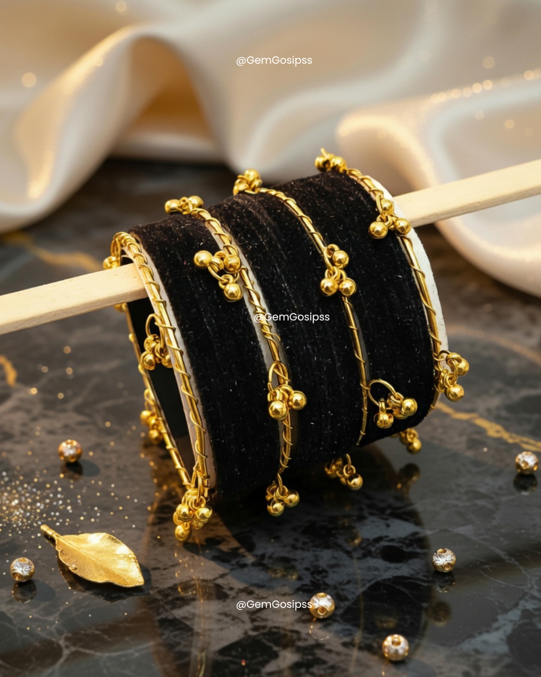 Traditional Kashmiri Silk Thread Bangles Set - Black & Gold Beaded
