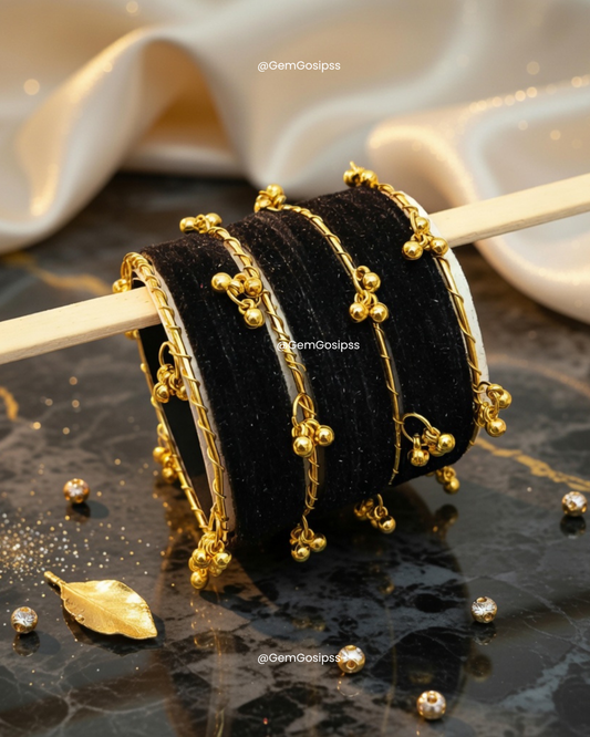 Traditional Kashmiri Silk Thread Bangles Set - Black & Gold Beaded