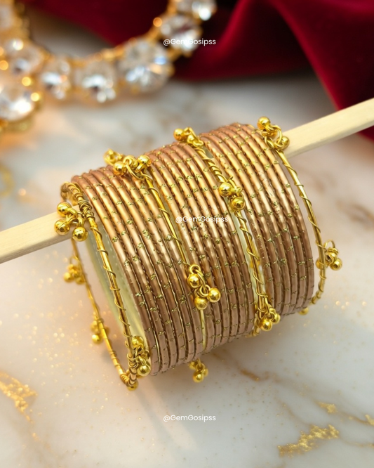 Traditional Kashmiri Silk Thread Bangles Set - Golden & Gold Beaded